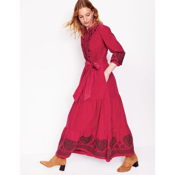 Boden Dresses & Skirts - Boden Alba Cord Maxi Dress 2 Petite Cherry Jam Pink Embroidered Corduroy Priarie